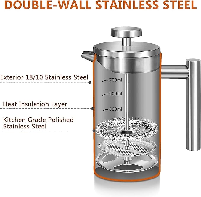 Miuly 21OZ French Press Coffee Maker 600ML Stainless Steel Coffee Press with 3 Level Filtration System, Double Wall Insulated French Press with 2 Filters, Silver