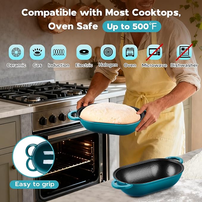Onader Enameled Cast Iron Dutch Oven, Oval Dutch Oven Pot with Lid for Sourdough Bread Baking, 2.8QT Meatloaf Pan, Heavy Duty - Dark Cyan