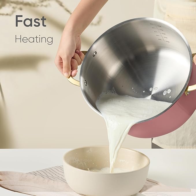 CAROTE 8QT Fully-Clad 3-Ply Stainless Steel Stockpot with Lid Small Kitchen Pot,Outer Ceramic Layer,Even Heating, Fits all stoves,Oven & Dishwasher Safe,Stay Cool Handle,Pink (PFAS/PFOA/PFOS Free)