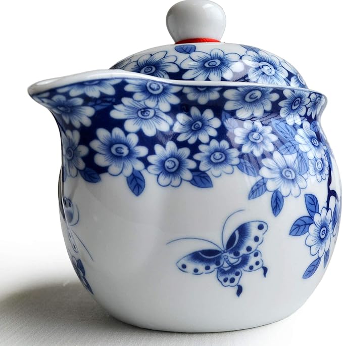 Small Teapot 12oz Blue White Porcelain Tea Pot with Stainless Filter Infuser for Loose Tea (pot flowers Beautify)