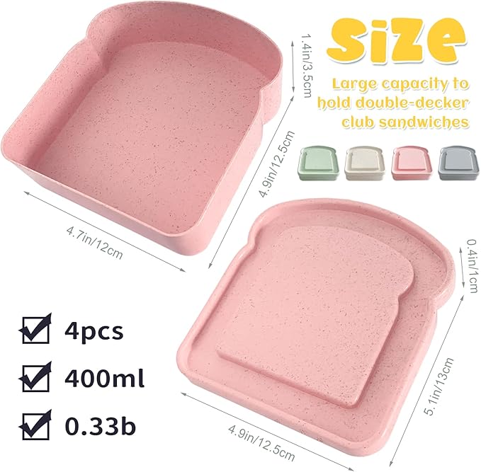 4Pcs Sandwich Containers for Lunch Boxes, Reusable Sandwich Box Container for Kids, Sandwich Holder Bread Container for Adults, BPA Free, Microwave & Dishwasher Safe, School, Office, Camping