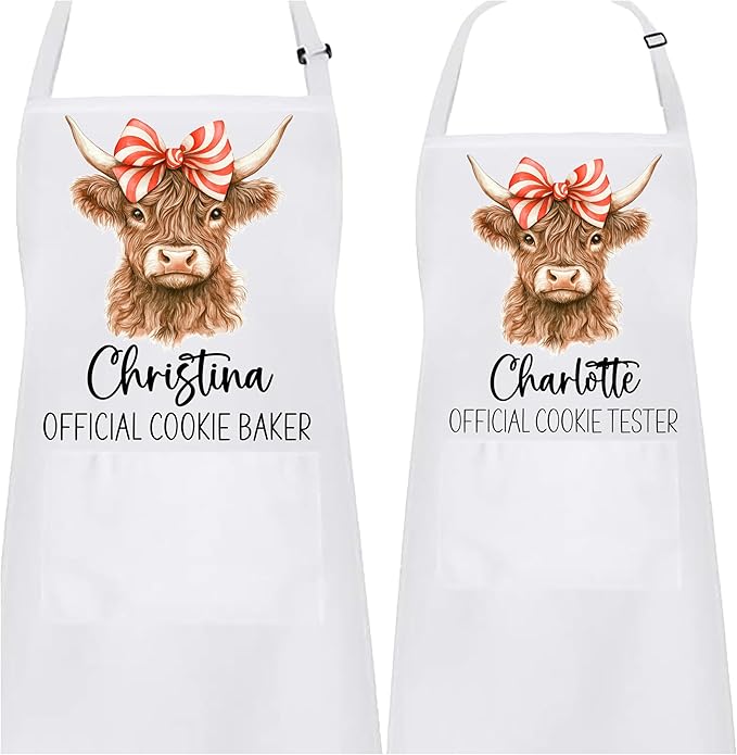 Mommy and Me Highland Cow with Peppermint Swirl Bow Apron Set – Matching Christmas Baking Aprons, Cow Kitchen Gift