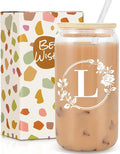 Birthday Gifts for Women, Monogrammed Initial Glass Cup Personalized Gifts for Women, 16oz Glass Cups with Lids and Straws, Iced Coffee Cup, Beer Can Shaped - Gift for Christmas, Birthday, L