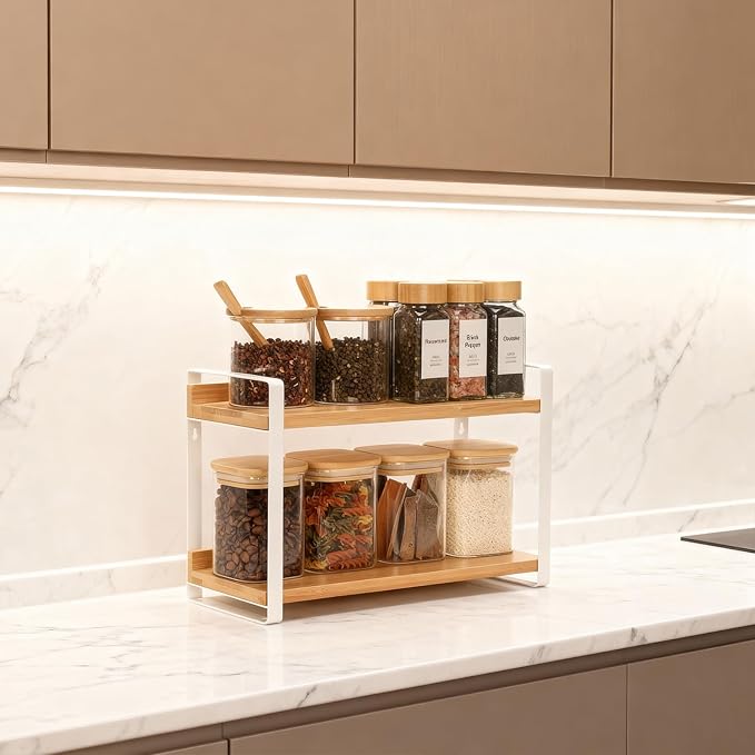 Countertop Spice Rack, Coffee Bar Accessories, Spice Racks,Counter Shelf, 2 Tier Coffee Organizer Station for Mugs, seasonings, Cream, Syrup (White)