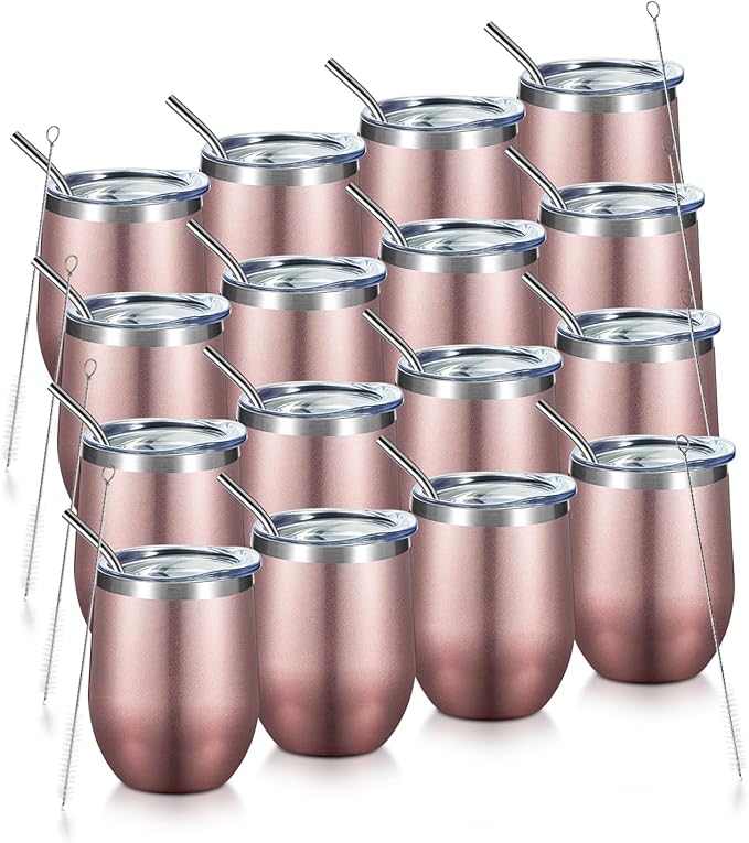COMOOO Rose Gold Stainless Steel Wine Tumbler Bulk with Lid and Straw 12oz Double Wall Vacuum Insulated Travel Tumbler Cup for Coffee Wine Cocktails Ice Cream Cup Rose Gold, 16 pack