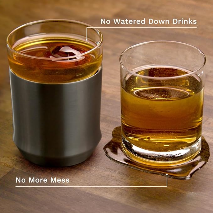 Elevated Craft Hybrid Cocktail Glass Premium Vacuum Insulated Steel Base with Removable Insert - 12oz Rocks Glass, Double Old Fashioned Lowball for Bourbon, Whiskey - Gunmetal Black