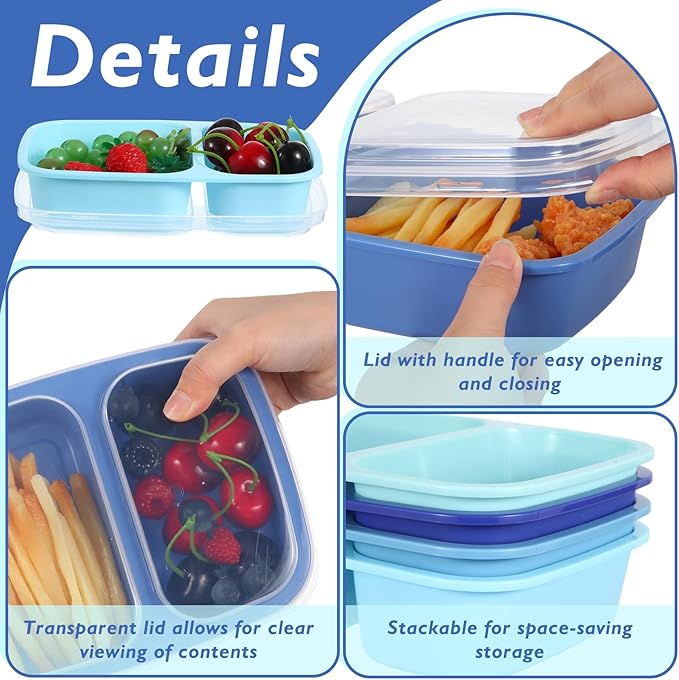 Honeydak 5 Pack Lunchable Snack Containers 2 Compartment Divided Bento Snack Boxes Reusable Meal Prep Containers with Lids Lunch Food Storage Box for Work Travel (Blue)