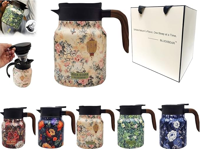 Vintage Floral Pattern Teapot, Doresty Tea Pot, Vintage Floral Pattern Tea-Built-In Infuser, Stainless Steel Thermal Carafe with Lid for Hot Drinks (Pink, Wooden handle)