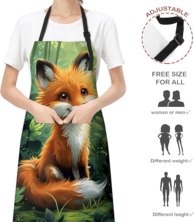 Cute Cartoon Fox Apron for Women Men, Cooking BBQ Chef Polyester Lightweight Lush Forest Background Aprons with Pockets for Baking Kitchen Gardening Cleaning, Adjustable Neck Strap, 28×33inch