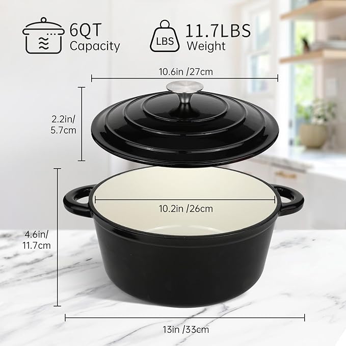 6 Quart Enameled Cast Iron Dutch Oven Pot with Lid and Silicone Accessories, Oven Safe up to 500°F or on Stovetop, Non-stick Dutch Oven for Bread Baking, Cooking, Dual Handles Cookware, Black