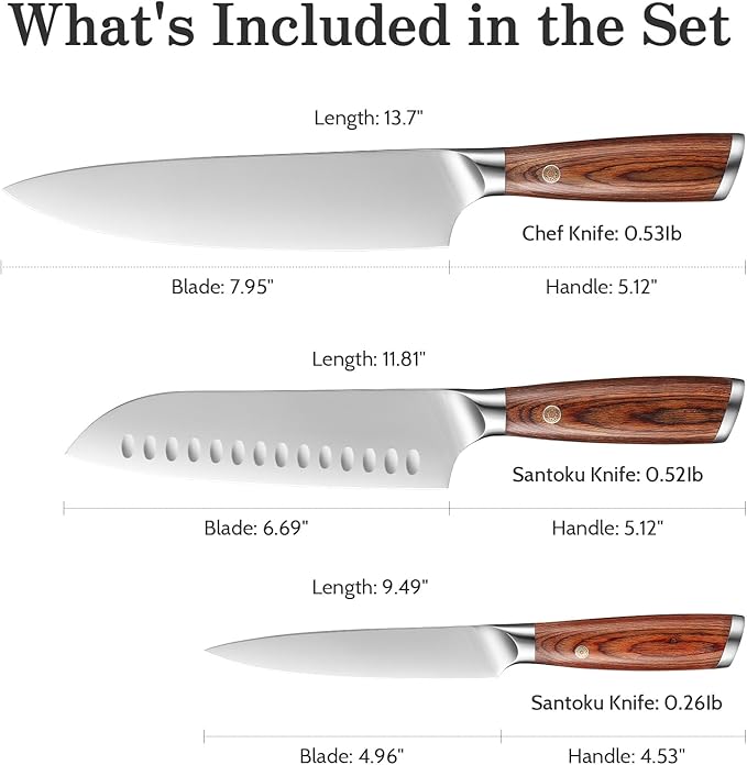 Kitchen Knife Set, 3 Pieces Japanese High Carbon Stainless Steel Chef Cooking Knife Set, Ultra Sharp Professional Chef Santoku Utility Knives (Silver)