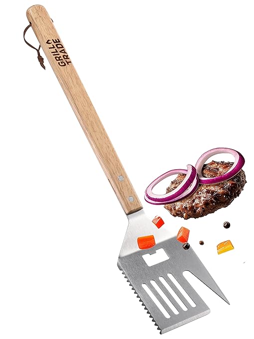 Grill Trade 5-in-1 Grill Spatula with Knife, Fork, Tenderizer, Bottle Opener, and Turner BBQ Tool - Multifunction with Wooden Handle-Ergonomic Cooking Tool for Outdoor Grilling, Flipping, Cutting-19''