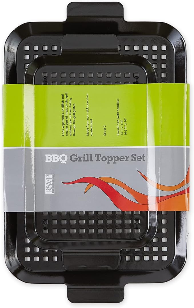 RSVP International Porcelain Coated Steel BBQ Grill Tray/Pan, Outdoor Barbeque Grilling Accessories for Cooking Fish & Vegetables, Dishwasher Safe, Small, 13x7.25/Medium, 16.75x10