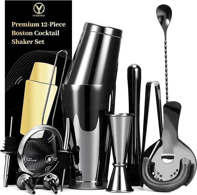 Black Cocktail Shaker Set 12-Piece - Stainless Steel Mixology Bartender Kit with 30oz+20oz Boston Shaker Tins, Japanese Jigger, Hawthorne Strainer for Home Bartending | Christmas