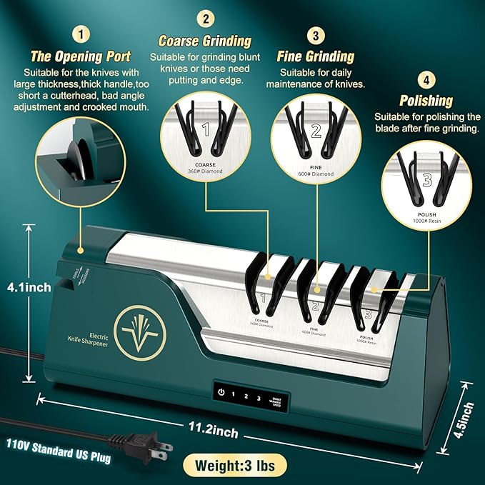 Electric Knife Sharpener with 100% Diamond Abrasives & Precision Angle Guides & 3-Speed Variable & 4-Stage Open Touch-Screen LCD Professional Knife Sharpener for Straight Edge,Serrated,Scissors,Axe