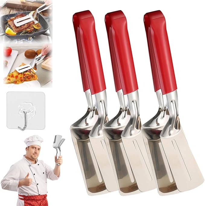 Stainless Steel Grill Clamp, 11.8 in Anti-Scald Extended Handle Spatula Tongs, Multifunctional Stainles Steels Double-Sided Food Flipping Spatula Tongs Clip, for Flipping Steak, Fish (3, B, Extended)