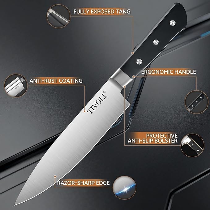 TIVOLI Knife Block Set, 15 PCS Kitchen Knife Set with Block & Sharpener Steel & Kitchen Scissor, High Carbon Stainless Steel Cutlery Knife Set, Ergonomic Wood Handle, Gifts For Cooks, Black