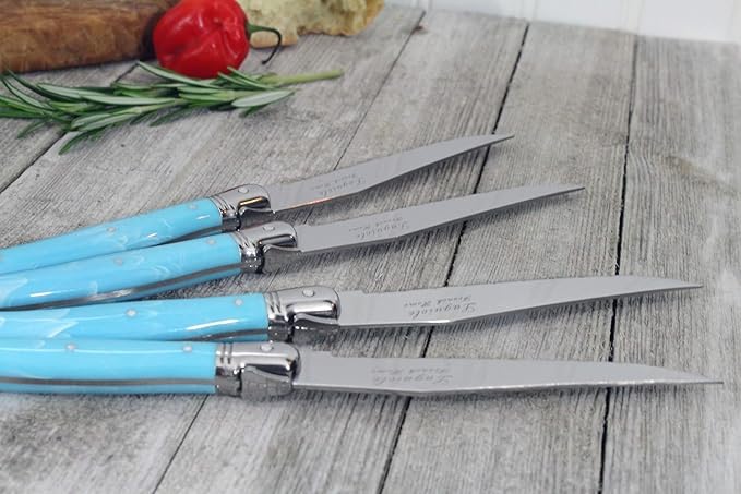 French Home Laguiole 4-Piece Steak Knife Set – Sophisticated Stainless Steel Dinner Knives with Faux Turquoise Handles & Iconic Bee Emblem – Serrated Knives for Smooth Cutting (9.25")