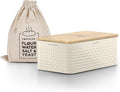LARS NYSØM Bread Box I Metal Box with linen bag for long lasting freshness I Bread Bin with bamboo lid usable as cutting board I 13.4x7.3x5.3In (Almond Beige)