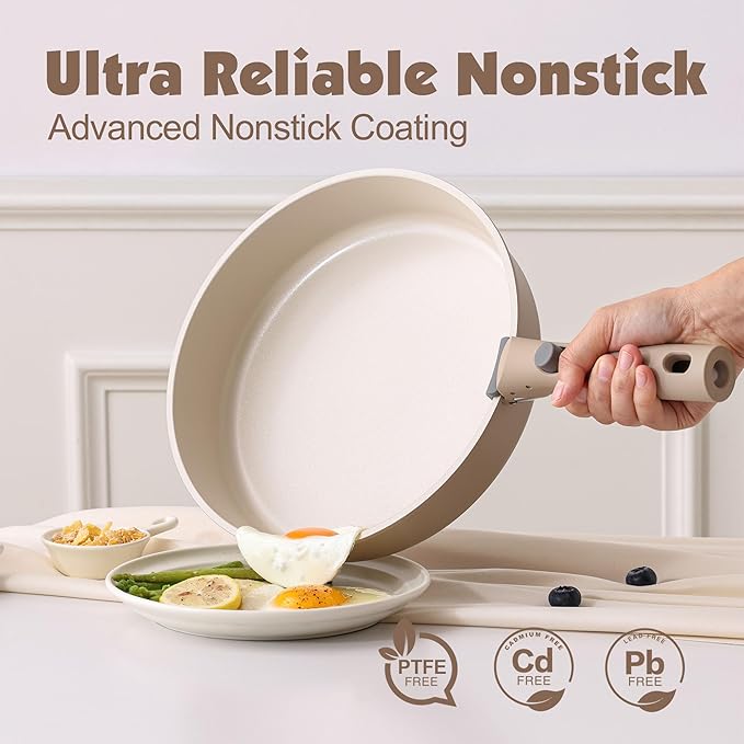 SENSARTE 17 Piece Ceramic Pots and Pans Set, Nonstick Detachable Handle Cookware, Induction Kitchen Cookware Set with Removable Handle, Dishwasher ＆ Oven Safe (Almond Beige)