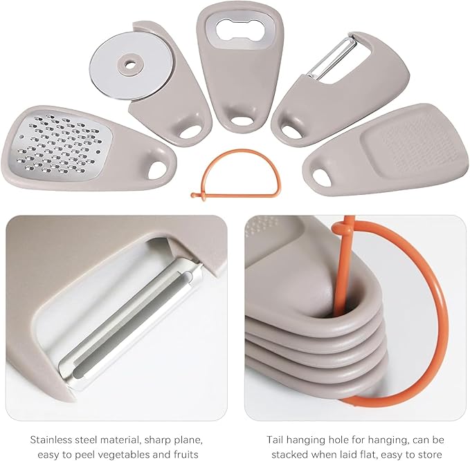 2PC, 5-in-1 Kitchen Gadget Set, Peeler Can Opener Garlic Grater Cake Cheese Shredder, Stackable Cooking Tools for Small Kitchen Space Saving, 5.04 x 1.65 x 2.95 Inches