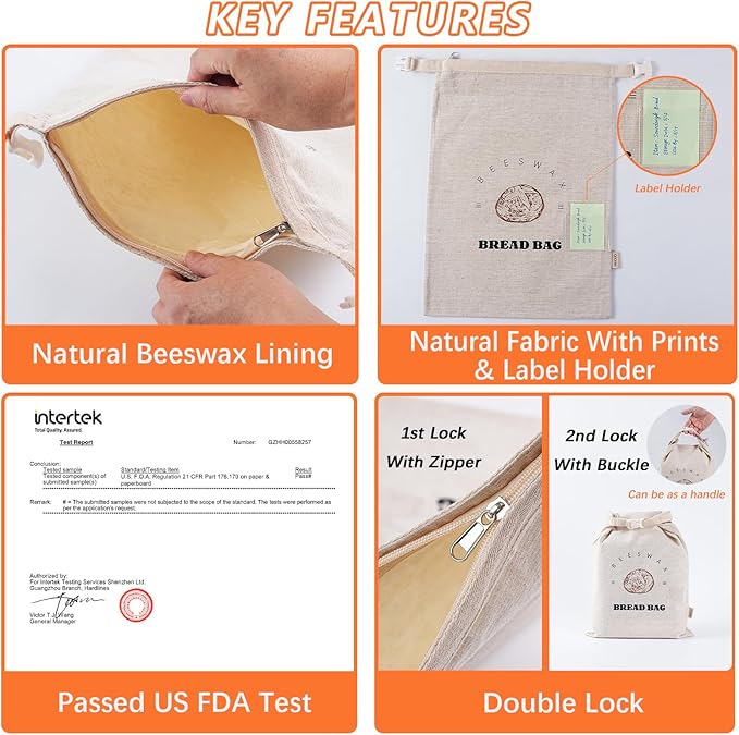 ORORIN Beeswax Bread Bags for Sourdough,Reusable Linen Waxed Sourdough Bread Bags for Homemade Bread,Bread Storage Container to Keep Fresh,Zipper Freezer Bags,Sourdough Accessories (2-Pack)