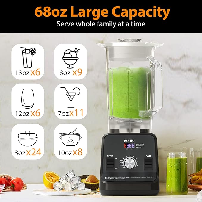 Aeitto Blender, Blenders for Kitchen with 1500-Watt Motor, 68 Oz Large Capacity, Professional Countertop Blenders for Ice Crush, Frozen Drinks, Black