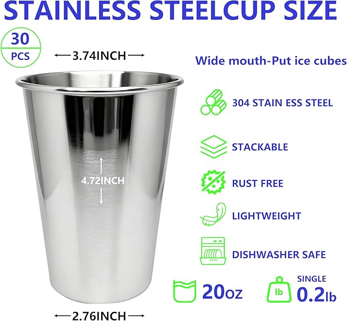 20oz 30PCS Stainless Steel Pint Cup,Pint Tumbler,Reusable metal Cups,Stainless Steel Water Tumbler,BPA Free,Stackble,Durable,Unbreakable Metal Drinking Glasses for Bar,Banquet Mugs (30, 20OZ)