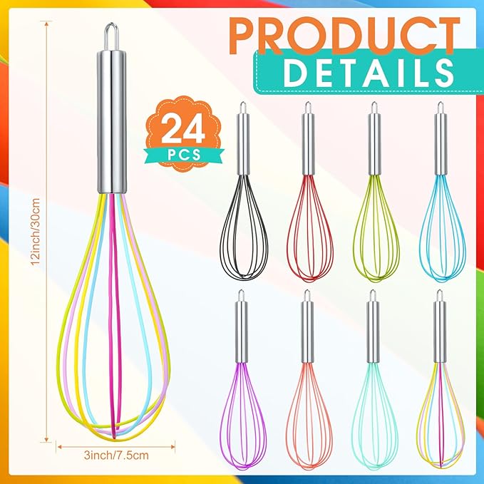Domensi 24 Pcs 12 Inch Christmas Whisks Bulk for Cooking Silicone Whisks Non Scratch Stainless Steel Whisk Large Coated Metal Heat Resistant Egg Beaters for Cooking Holiday Party Favor Gift Supplies