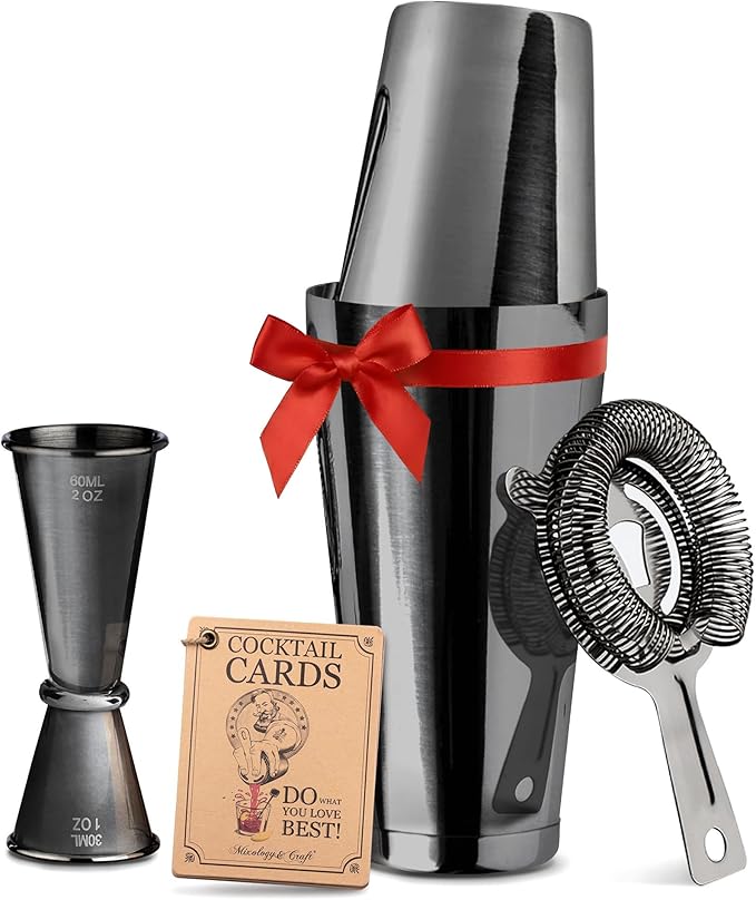 Mixology Cocktail Shaker Boston Shaker Set Professional Weighted Martini Shakers, Strainer and Japanese Jigger, Portable Bar Set for Drink Mixer Bartending, Exclusive Recipes Cards (Gun-Metal Black)