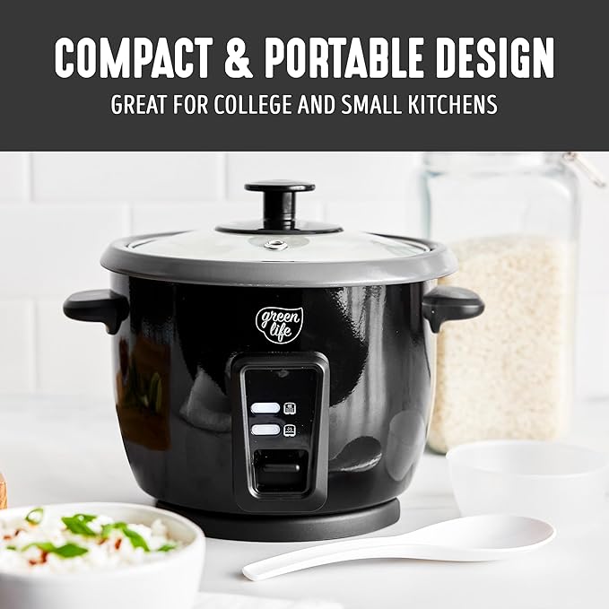 GreenLife Rice Cooker with Removable PFAS-Free Nonstick Pot, 3-Cups Uncooked/6-Cups Cooked, One-Switch Design, Auto Keep Warm Function, Soup, Grains, Oatmeal, Wood Handle, Black