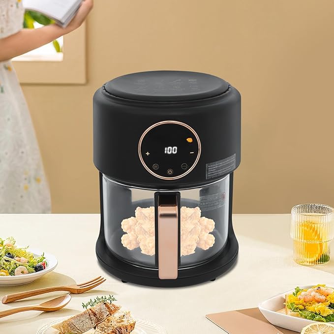 1200W Glass Air Fryer, 360° Viewable Airy Fryer, Small Glass Air Fryer 8 Preset Modes, Transparent Fry Bowl for Best Cooking Results, Cook Shrimp, Steak, Fries, Wings