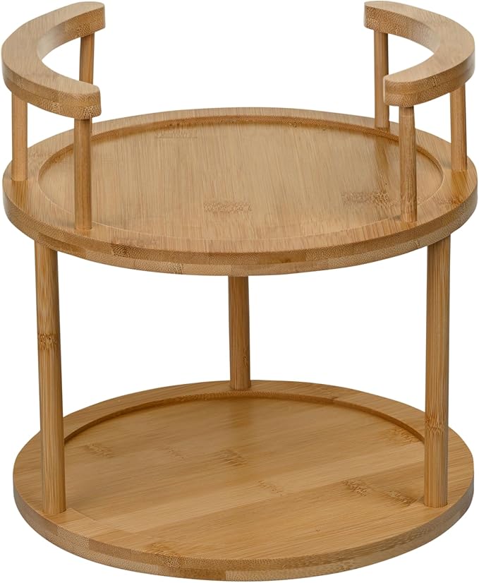 Wooden Rotating Spice Rack - 2 Tier Lazy Susan Turntable Spice Organizer for Countertop & Pantry - Portable & Space-Saving Rotating Storage Rack for Kitchen with 360° Rotating Feature
