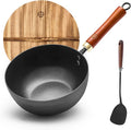 WANGYUANJI 8.7" Flat Bottom Iron Wok – Small Stir Fry Pan with Wooden Lid, No Coating, Induction Compatible, Ideal for Everyday Cooking