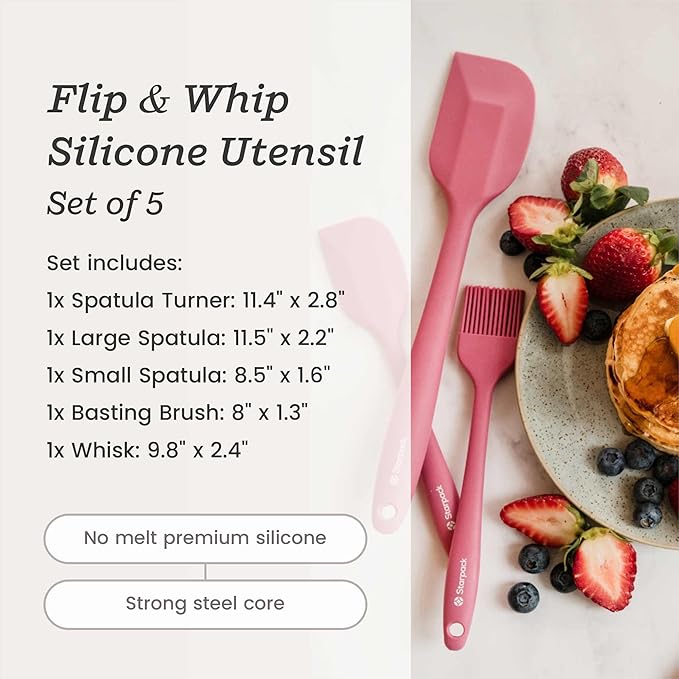 Starpack 'Flip & Whip' Premium Silicone Baking Utensils Set (5 Pcs) - 10" Pink Cooking Utensils with Large and Small Spatulas, Whisk and Basting Brush - Heat Resistant to 600°F - Baking Tool Set