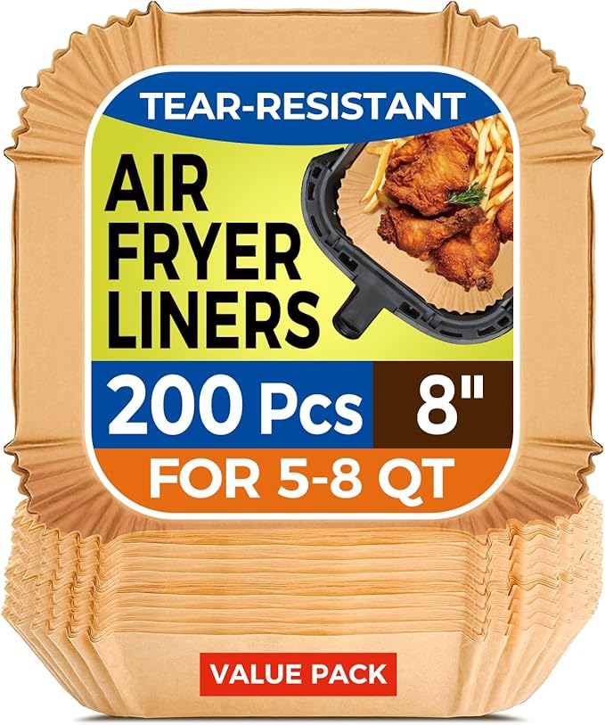Air Fryer Paper Liners, 200pcs Air Fryer Liners Disposable, 8" Square Baking Liner for 5-8 qt Airfryer Basket, Non-stick and Oil Proof Parchment Paper for Oven, Pans & Baking