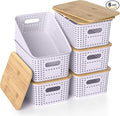 Plastic Storage Baskets with Bamboo Lids, Stackable Small Box Bins for Organizing and Containers for Shelves Drawers Desktop Closet Pantry Classroom Office Home, 6 Pack 10.2"x7.2"x4.1" Lavender