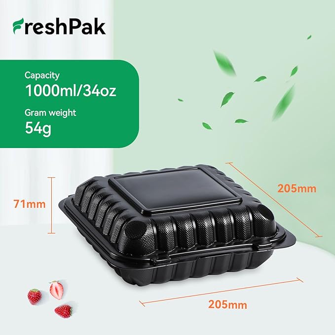 Takeout Containers Mineral Filled PP - 55 Pack 8x8 34 oz Shrink Wrap BPA Free Plastic | Stackable Meal Prep Clamshell Food Container | Reusable Microwave Safe Leftovers | Catering Lunch Box