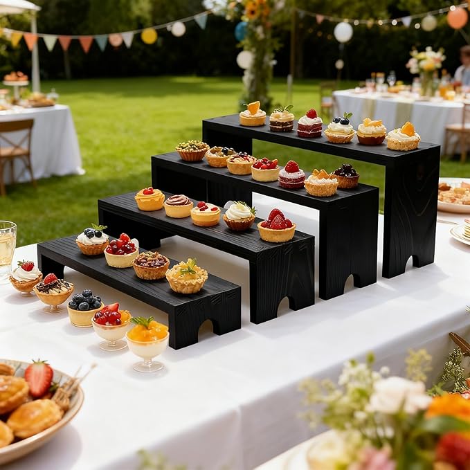 Wooden Display Stand Wood Tiered Racks, 2 Set 8 Piece Wood Display Shelf for Cupcake,Jewelry,Card, Vendor Events, Table Shelves Wooden Riser Organizer Dessert Showcase-Black