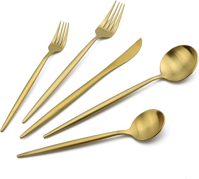 20-Pieces Gold 18/10 Stainles Steel Flatware Set, Knife Fork Spoon Silverware Set, Dinnerware Set Service for 4, Matte Finish, Dishwasher Safe