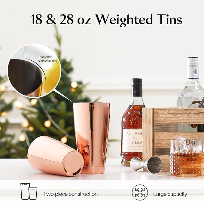 WOTOR Boston Cocktail Shaker Set, 18 oz & 28 oz Stainless Steel Weighted Shaker Tins, Metal Martini Shaker Drink Mixer for Bartending, professional Bar Tools for Bartender （Rosegold）