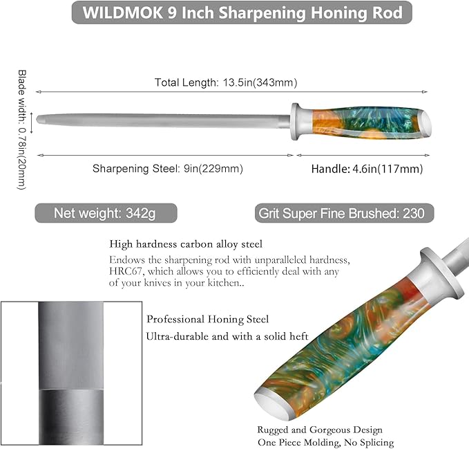WILDMOK Sharpening Steel Rod, 9 Inch Kitchen Knife Sharpening Rod,Professional Honing Steel,High Carbon Stainless Steel Knife Sharpener
