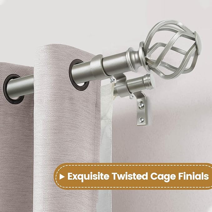 KAMANINA 1 Inch Double Curtain Rods 66 to 120 Inches (5.5-10 Feet) Telescoping Heavy Duty Drapery Rod for Windows 54 to 115 with Twisted Cage Finials, Antique Silver