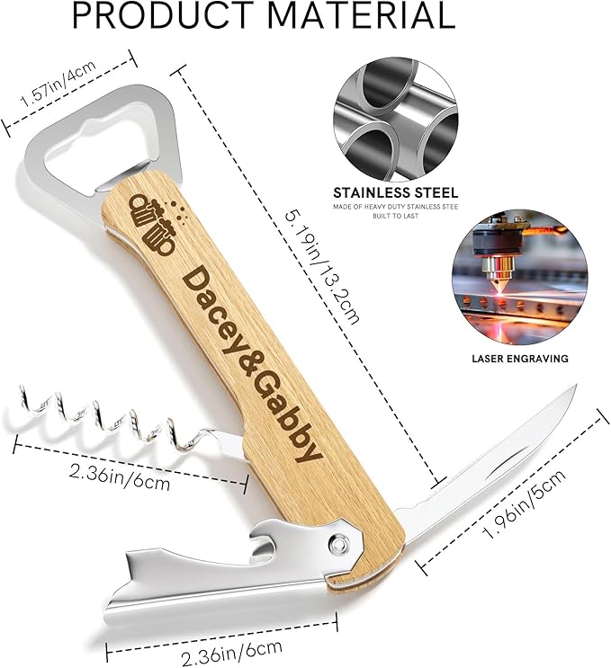 Custom Wine Bottle Opener, 2PCS Personalized Corkscrew Wine Opener, Double-sided Laser Engrave Wooden Beer Bottle Opener, Multitool Beer Can Opener for Wedding Party Favors Promotional Items (Sapele)