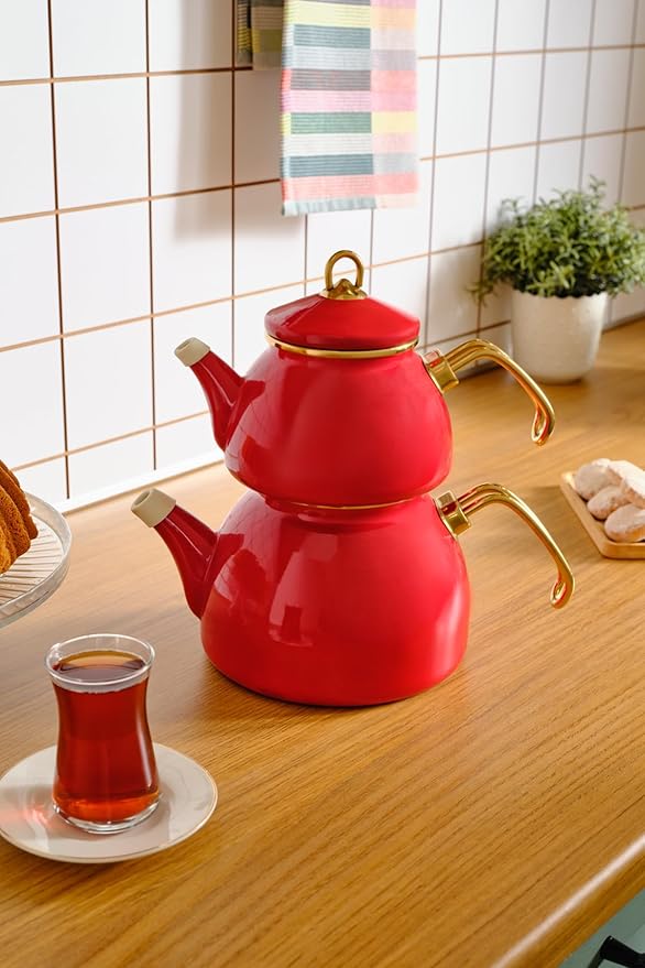 Karaca Retro Turkish Teapot for Stovetop, 1.1L Turkish Tea Pot & 2.3L Kettle, Dishwasher Safe, Induction Tea Pot Set, Vibrant Color Lasting Enamel, Samovar Style, Red
