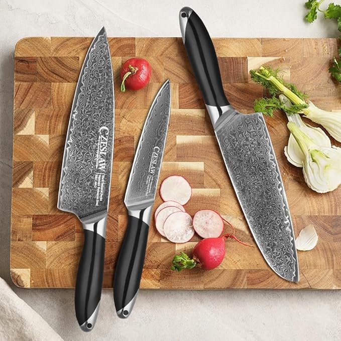Knife Set 3 Piece, Japanese Damascus Kitchen Knife Set, Professional Sharp Black Cooking Chef Knife, Use Premium Damascus Steel Forge, With Ergonomic ABS Handle