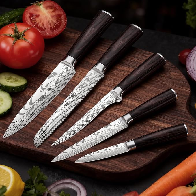 5-Piece Premium Japanese Kitchen Knife Set - Imperial Collection, Laser Damascus Pattern, 440A Stainless Steel Ultra Sharp for Fast Cutting (Redwood 5B)