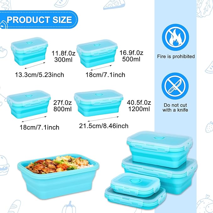 4 Set Collapsible Food Storage Containers Silicone Lunch Container with Lids Collapsible Lunch Box Food for Camper Leftovers Snacks Meals Dorm Kitchen Microwave Dishwasher and Freezer Sky Blue