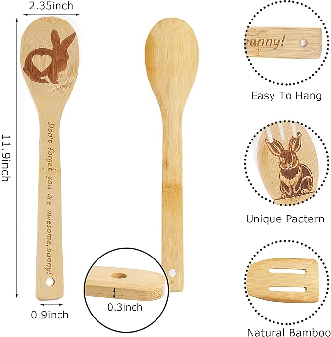 5PCS Rabbit Wooden Cooking Spoons Set Rabbit Gifts for Women Kitchen Decor Bamboo Cooking Utensil Spoons for Housewarming Wedding Anniversary Thanksgiving Christmas Gifts Mom Women