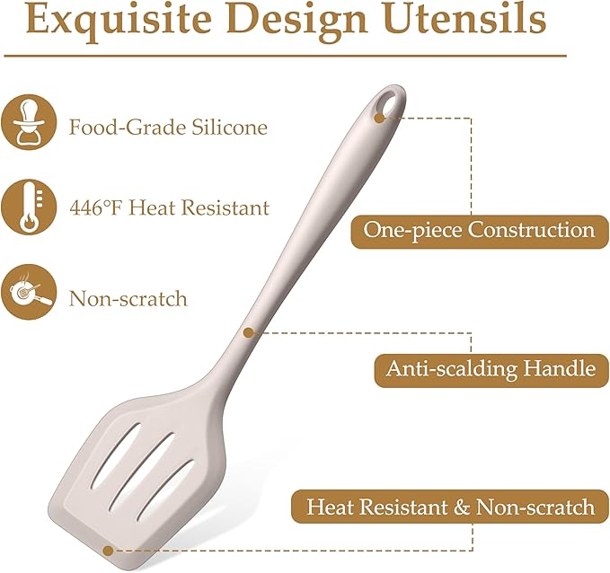 LIANYU 4Pcs Kitchen Utensils Set, Food-Grade Silicone Cooking Utensils, Farmhouse Kitchen Tools for Nonstick Cookware, Include Spoon, Turner, Pasta Server, Heat Resistant, Dishwasher Safe, Khaki
